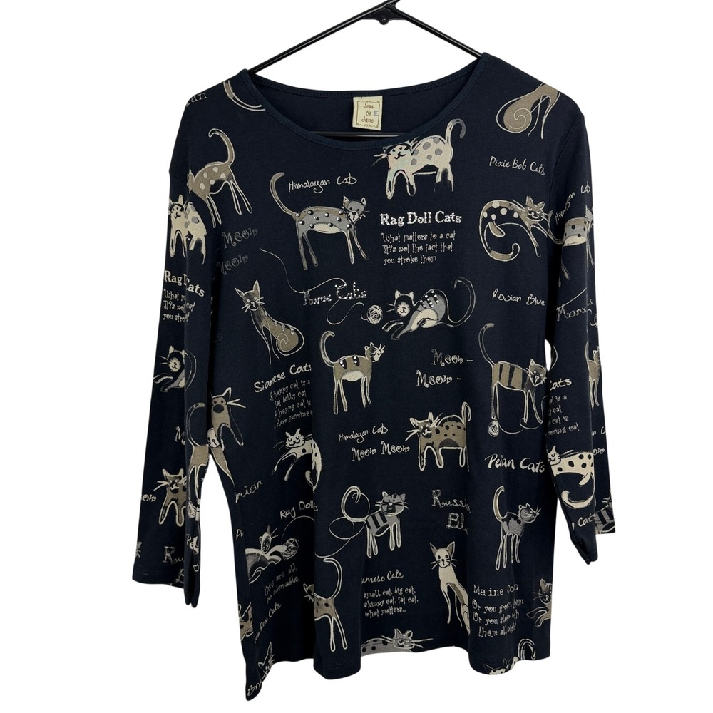 Jess & Jane Top Womens L/XL Black Novelty Cat Breed Print Rhinestone 3/4 Sleeve